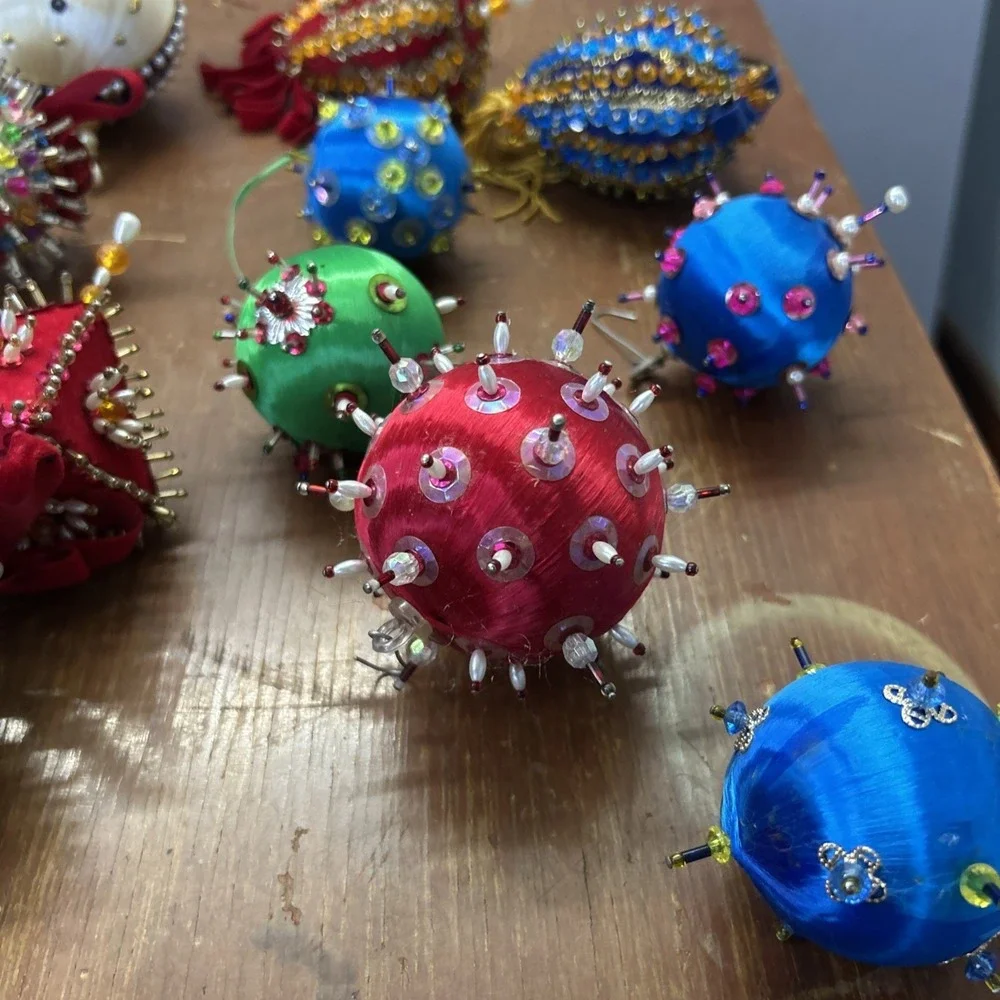 Lot Of 23 MCM Push Pin Beaded Christmas Ornaments Hand Made Mid Century